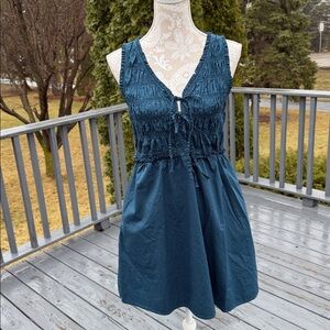 Dark Teal Blue bow tie smocked bodice dress sz m